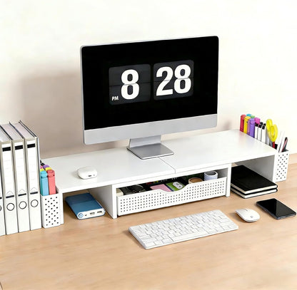 Spacrea Metal Desk Organizers and Accessories, Dual Monitor Stand Riser with Drawer and 2 Pen Holders, Desk Accessories & Workspace Desktop Organizers for Office Supplies (Wood)