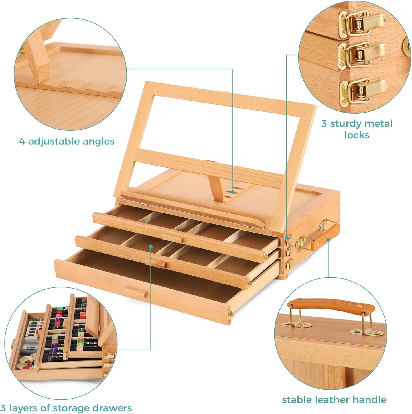 VISWIN Tabletop Easel with Storage Drawer & Palette, Adjustable Portable Beech Wood Sketch Box Table Top Easel for Painting, Desktop Travel Art Easel for Adults, Artists, Students