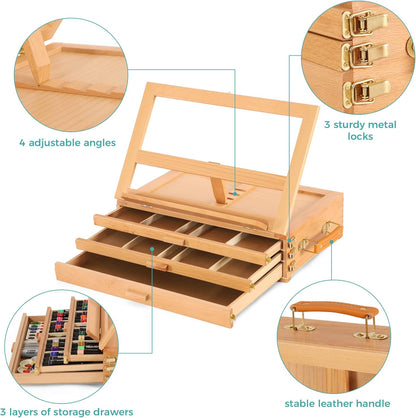 VISWIN Tabletop Easel with Storage Drawer & Palette, Adjustable Portable Beech Wood Sketch Box Table Top Easel for Painting, Desktop Travel Art Easel for Adults, Artists, Students