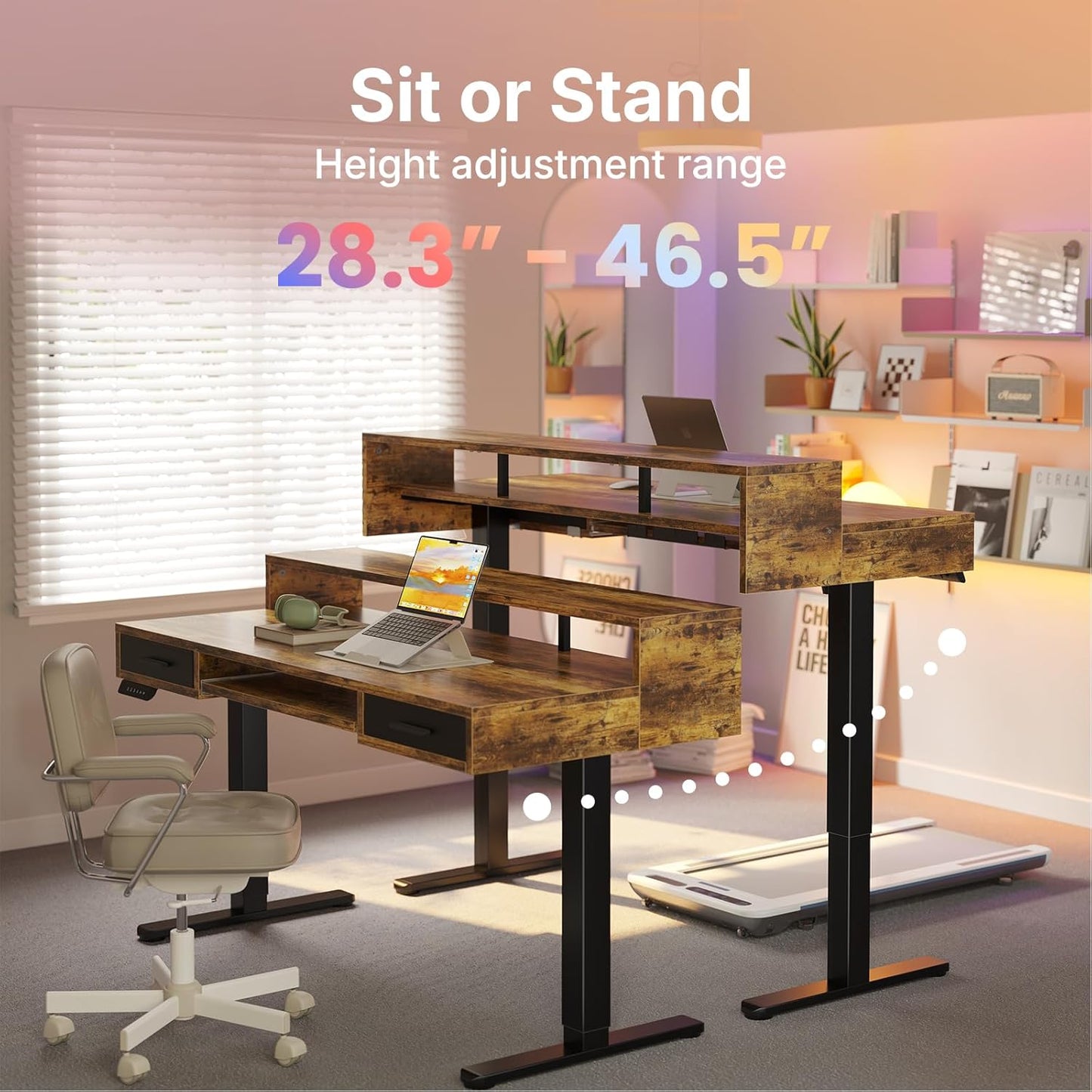 HUANUO 55″ x 26″ Electric Standing Desk with 2 Drawers &24.4″ Large Keyboard Tray, C-Clamp Mount Compatible, Adjustable Computer Desk for Office, Sit Stand Up Desk with 4 Height Presets, Light Walnut