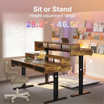 HUANUO 55″ x 26″ Electric Standing Desk with 2 Drawers &24.4″ Large Keyboard Tray, C-Clamp Mount Compatible, Adjustable Computer Desk for Office, Sit Stand Up Desk with 4 Height Presets, Light Walnut
