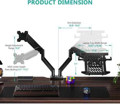 WALI Single Arm Laptop and Monitor Desk Mount for 17" Notebook and Up to 32" Screen, 2-in-1 Adjustable Monitor Arm with Laptop Tray, VESA 75x75 100x100,Holds 22-26.4 lbs, Black (GSMP001NLP)
