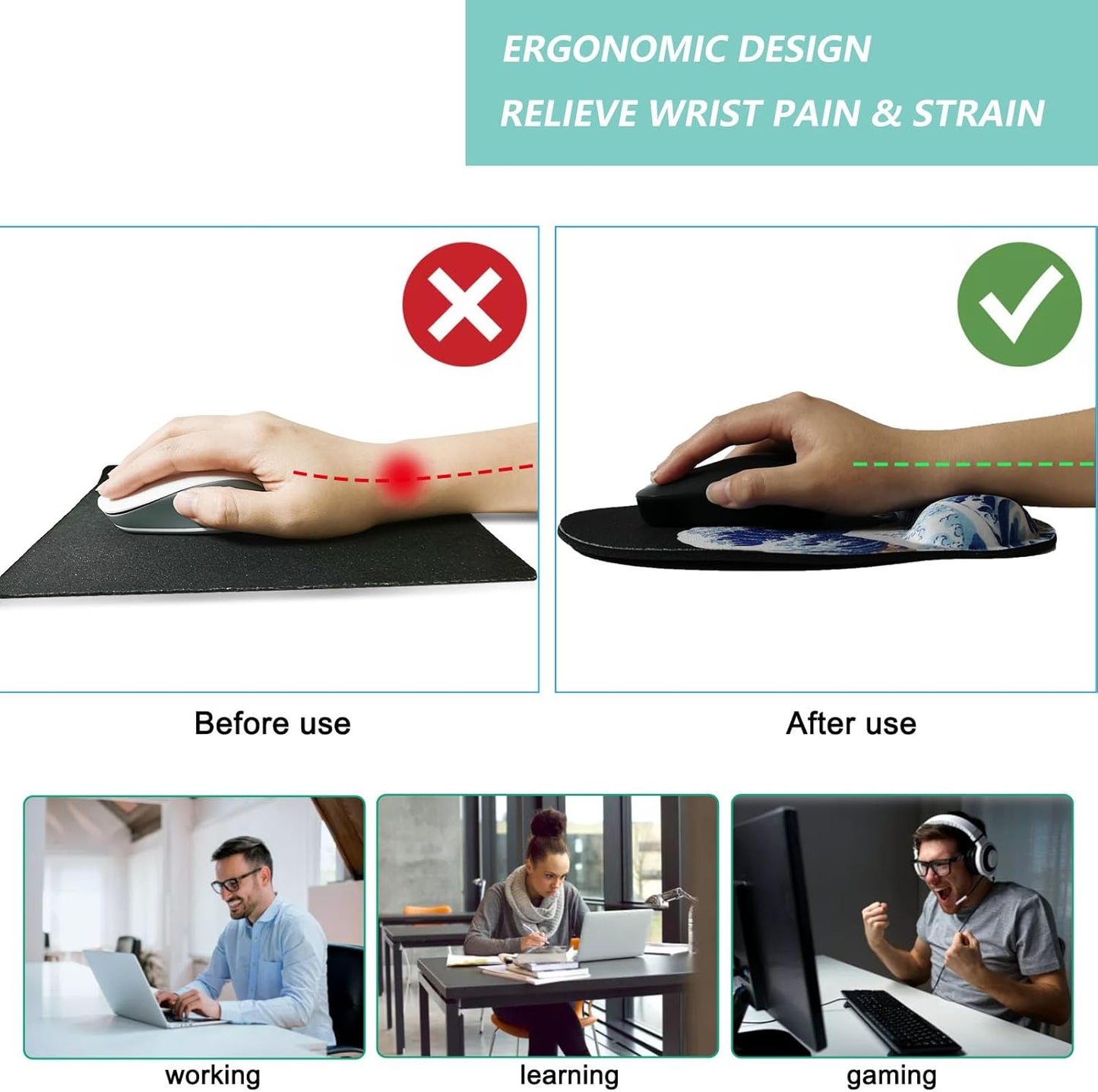 Mouse Pad with Wrist Support, Ergonomic Mouse Pad with Memory Foam Wrist Rest Cushion, Non-Slip Rubber Base Gaming Mice Pad for Home Office Computer Laptop, Flowers Grass