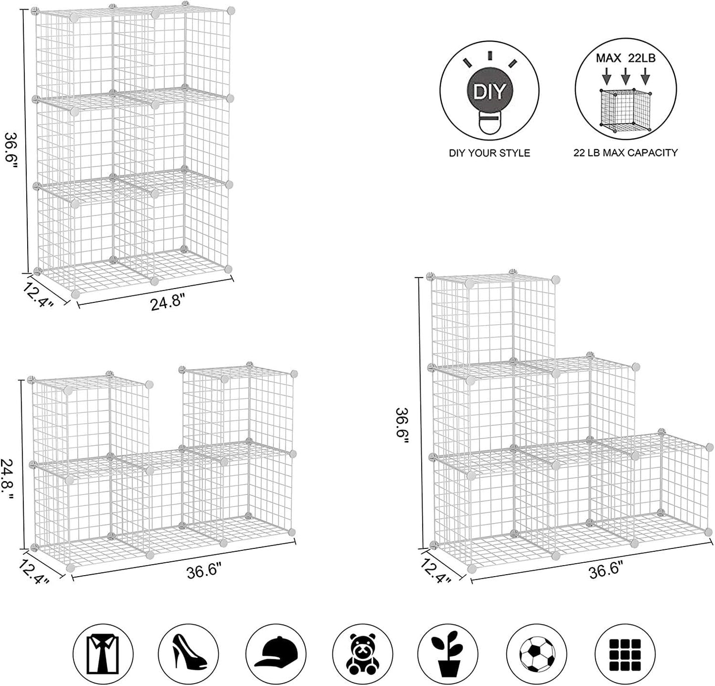 C&AHOME Wire Cube Storage, 6 - Cube Organizer Metal C Grids, Modular Shelves Units, Storage Bins Shelving, Closet Organizer, Ideal for Home, Office, Living Room, 36.6”L x 12.4”W x 36.6”H Black