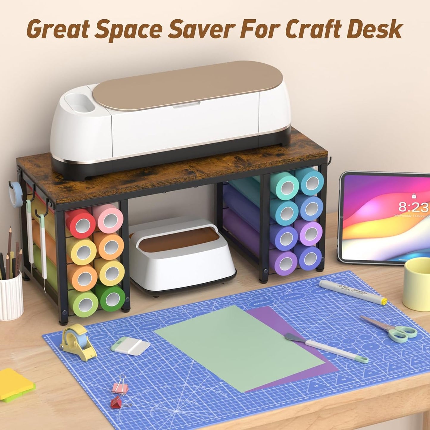ikkle Craft Organizers and Storage Compatible with Cricut Machines Craft Table Storage with Vinyl Roll Holders, Craft Storage Organizer, Crafting Table Organization Workstation for Craft Room