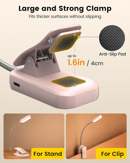 Glocusent 20 LED Reading Lights for Books in Bed, Eye Caring Reading Light, 5 Colors & 5 Brightness 3–100LM Dimmable, 1200mAh Rechargeable Book Light to 90H, Lightweight Clip on Light for Book Lovers