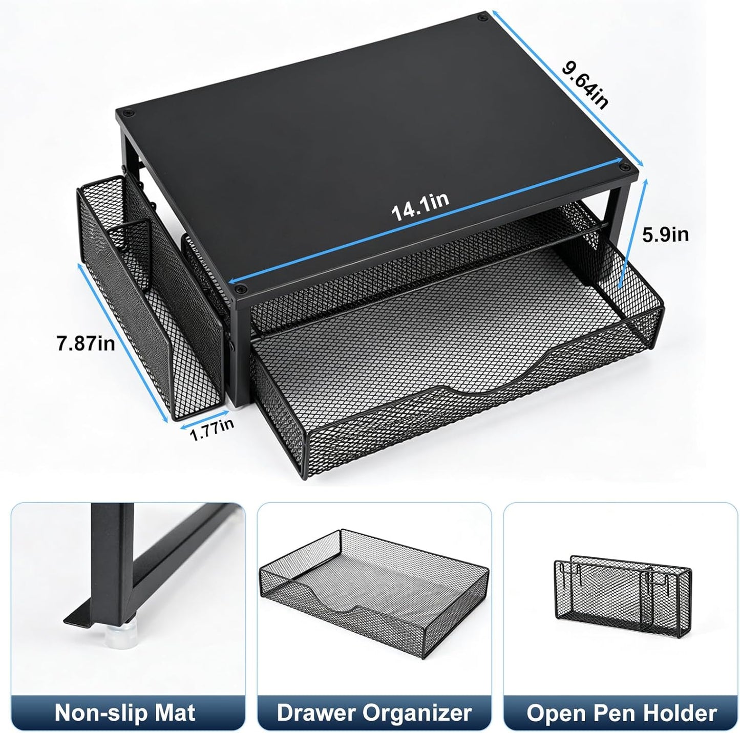Spacrea Desk Organizer and Accessories, Computer Monitor Stand Riser with Drawer and 2 Pen Holders, Office Desk Accessories & Workspace Organizers for Office Supplies (Wood)