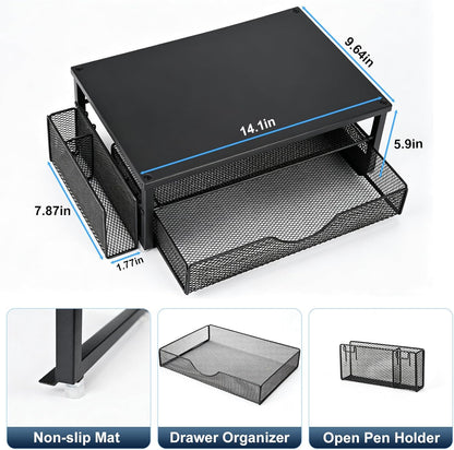 Spacrea Desk Organizer and Accessories, Computer Monitor Stand Riser with Drawer and 2 Pen Holders, Office Desk Accessories & Workspace Organizers for Office Supplies (Wood)