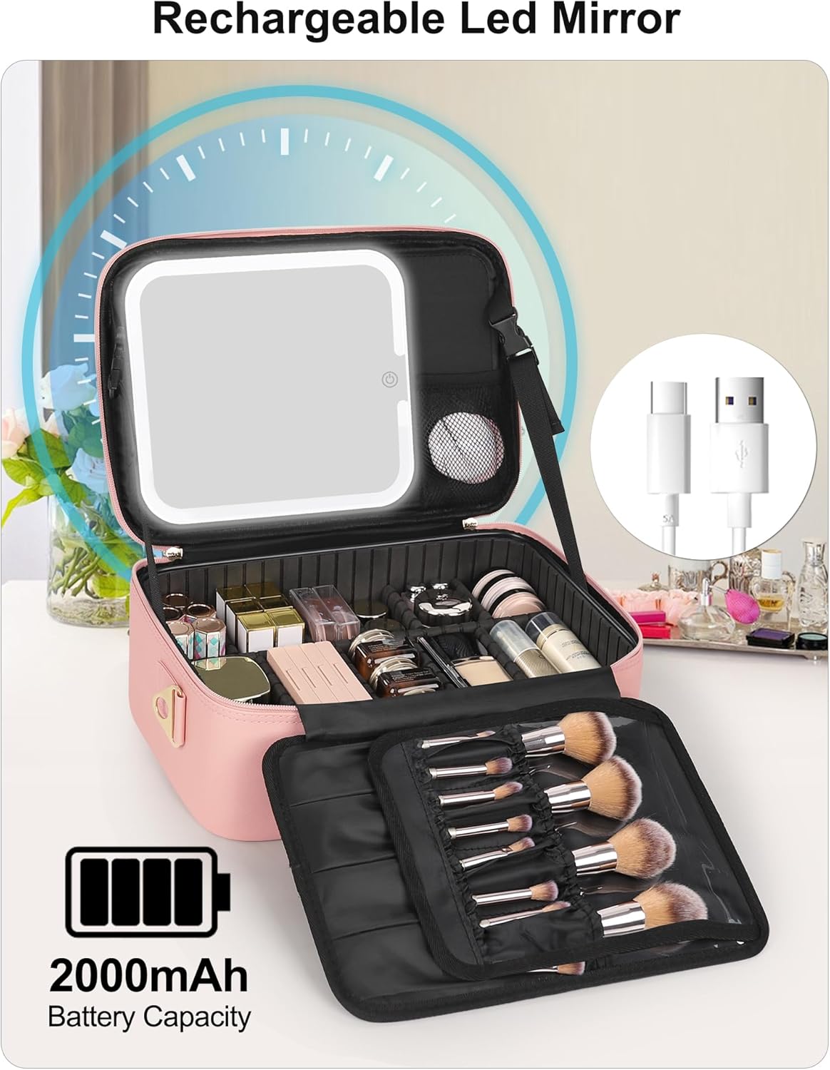 Relavel Travel Makeup Bag With LED Mirror, Cosmetic Train Case with Light up Mirror, Portable Makeup Artist Organizer Bag with Adjustable Dividers, Makeup Brush Holder Storage, Black