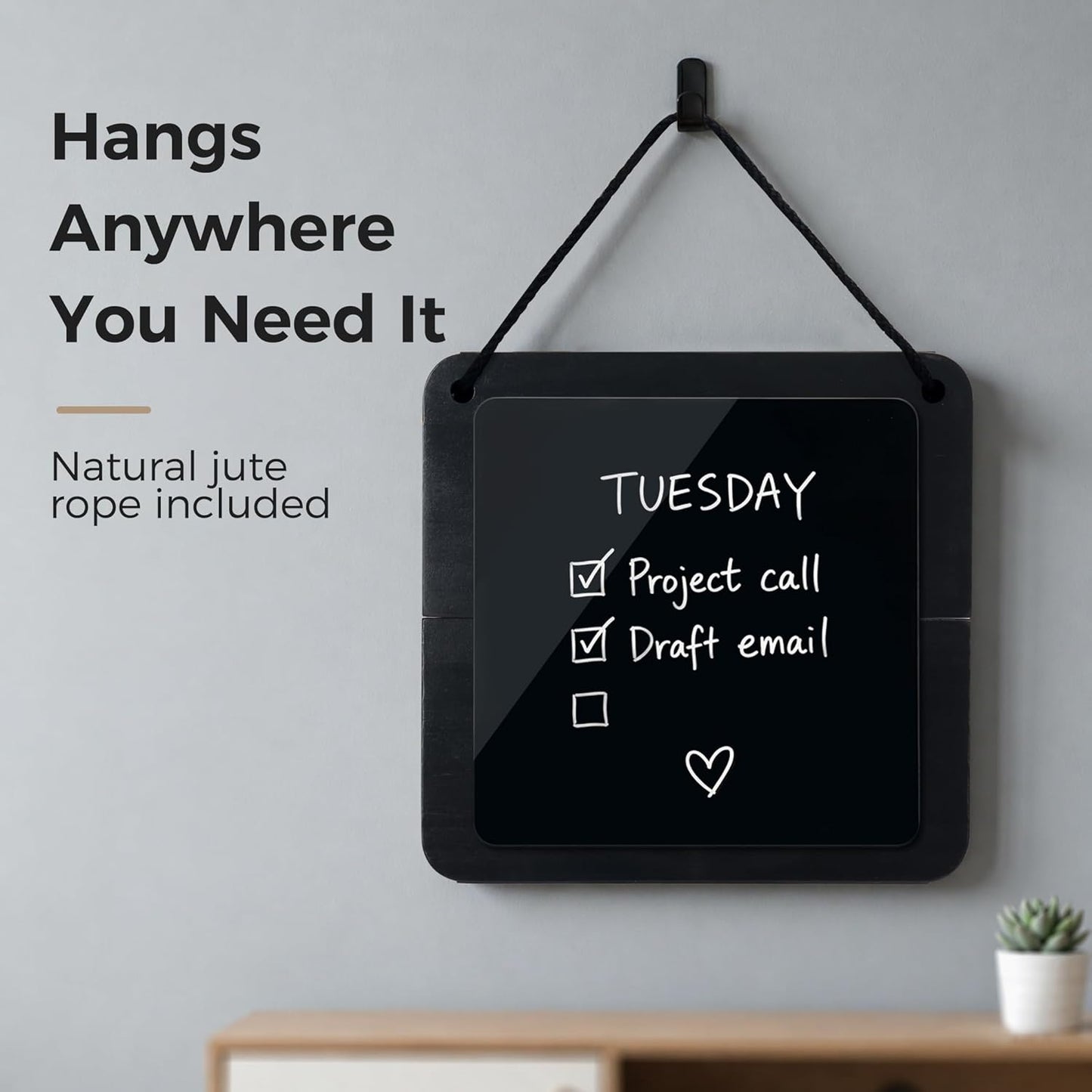 Magnetic Glass Desktop Whiteboard with Solid Wood Stand, Adjustable Foldable Mini Dry Erase Board, 2-in-1 Tabletop & Hanging Glassboard with Rustic Rope, Reusable Home Office School, Black and Square