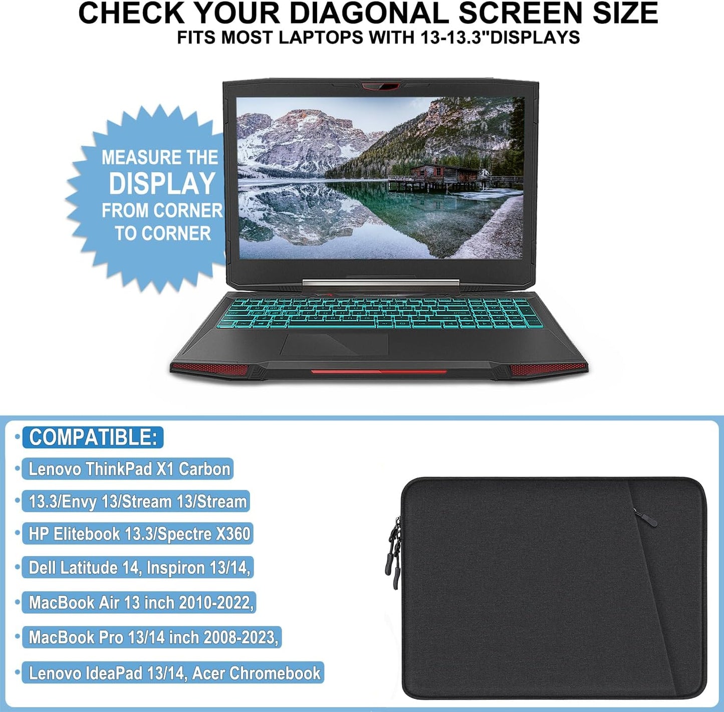 Laptop Sleeve Case 13.3 inch, Shockproof Protective Computer Cover with Accessories Pocket, Portable Laptop Bag Compatible with MacBook Air/Pro 13-13.3 inch, Compatible for MacBook Pro 14 inch, Black | Shockproof