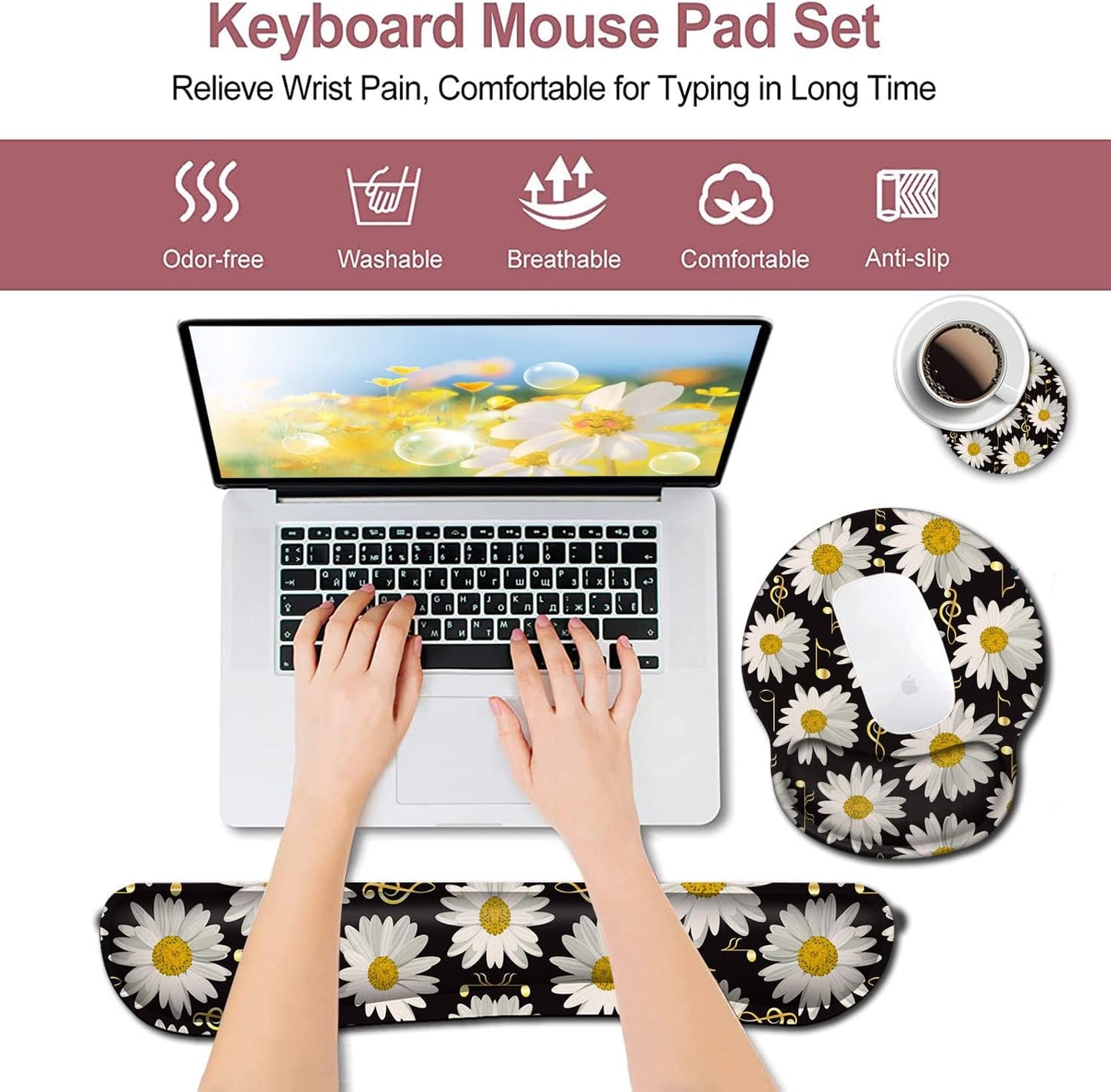 Mouse Pad with Wrist Support, Ergonomic Gel Mouse Pad Beautiful Flowers,Pink Hyacinths on Wood Panel，Non-Slip Durable, Memory Foam Keyboard Wrist Rest, Suitable for Office Typing Games