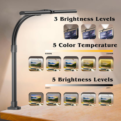 AKRRYR LED Desk Lamp for Home Office, Double Head 24W with Base, Architect Light 5 Lighting Brightness Flexible Gooseneck Table Reading Study, Black