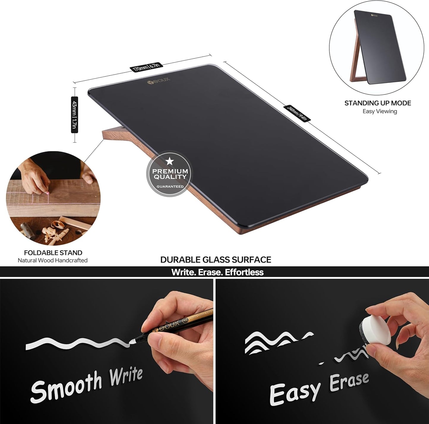 YEOUX Glass Desk Whiteboard with Reversible Wood Stand, Desktop Small White Board, Reusable Mini Dry Erase Board 6.7"x9.5" for Office, Home, School, Marker&Eraser Included