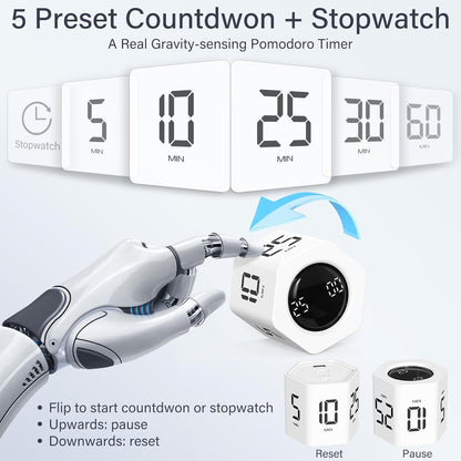 Rotating Pomodoro Timer 5, 25, 10 30,60 Mins Preset Stopwatch, Desk Flip ProductivityTimer, ADHD Tool Hexagon, Vibration/Mute/Alarm, for Work, Study, Back to School, Kitchen, Black
