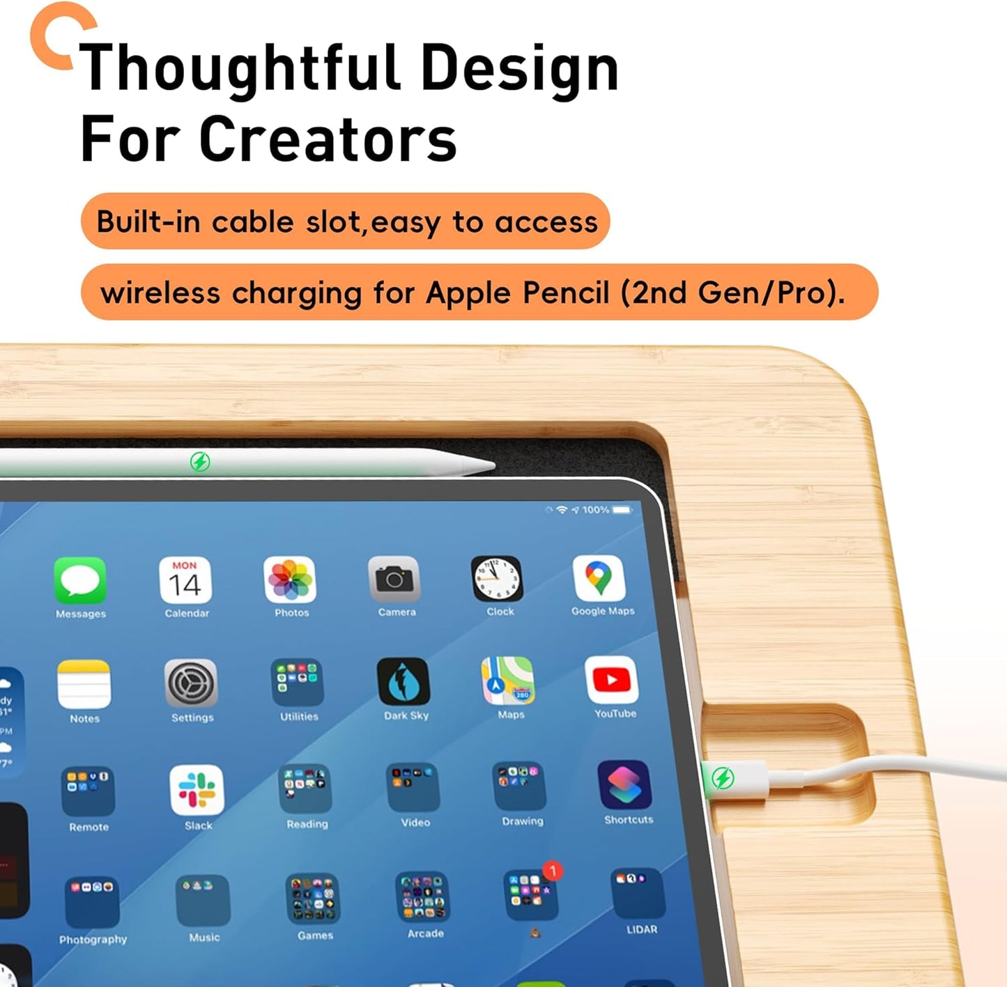 ELETIUO Bamboo Tablet Drawing Stand Holder-Portable&Multi-Angle Adjustable,Tablet Stands Riser with Pencil Wireless Charging,Compatible with 12.9/13 inch iPad Pro,iPad Air/Mini(9.7"-13"),Black