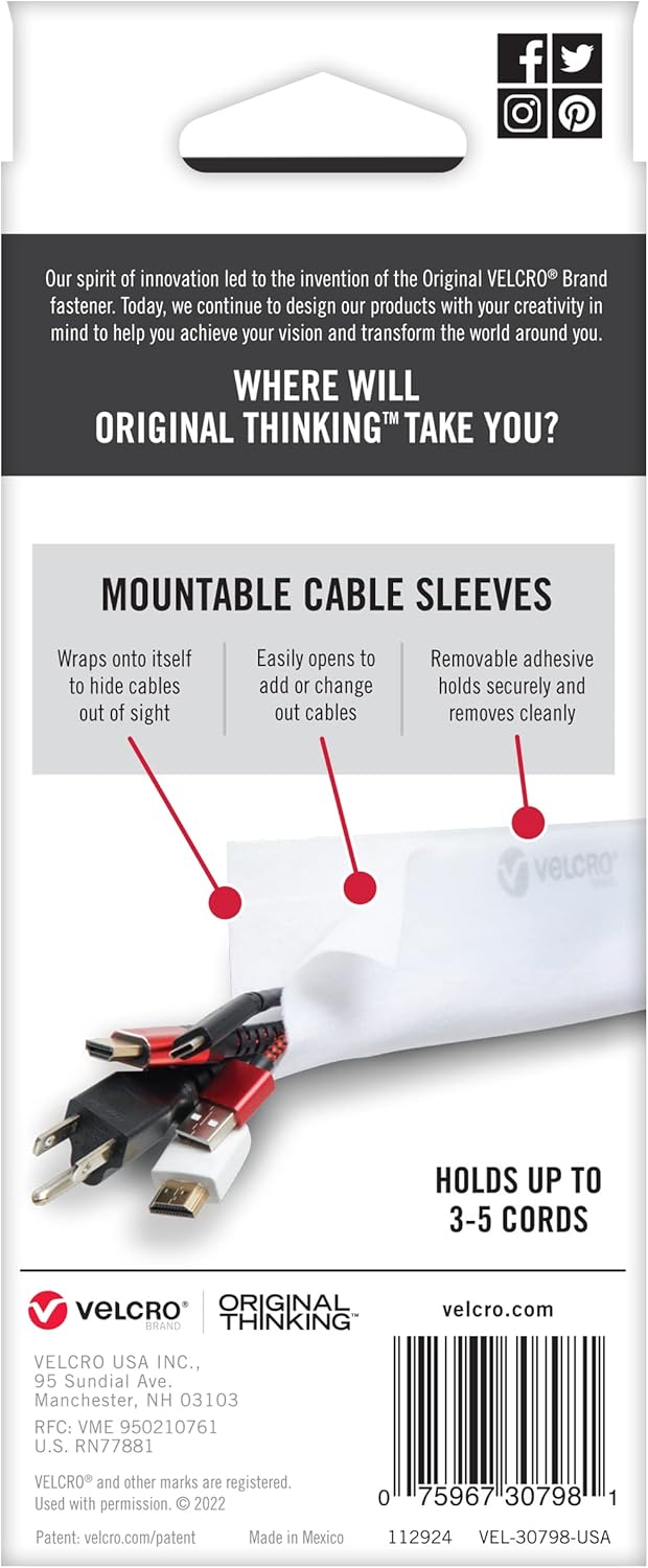 VELCRO Brand Mountable Cable Sleeve | Cord Management Mounts on Walls, Desk or Entertainment Center | Removable Adhesive is Damage Free | 8in Black, 2pk, 8in - 2Pk