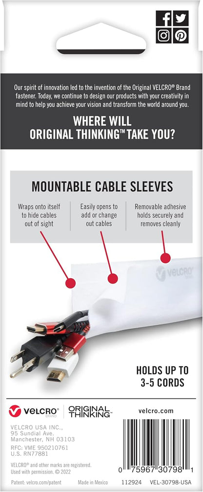 VELCRO Brand Mountable Cable Sleeve | Cord Management Mounts on Walls, Desk or Entertainment Center | Removable Adhesive is Damage Free | 8in Black, 2pk, 8in - 2Pk
