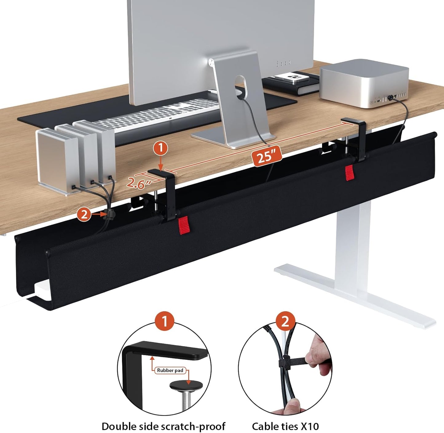 Univivi No Drill Under Desk Cable Management Tray, 36" Cord Organizer for Table, Clamp/Screw Mount Desk Cable Management, Premium Fabric Cable Management Tray for Office, Home