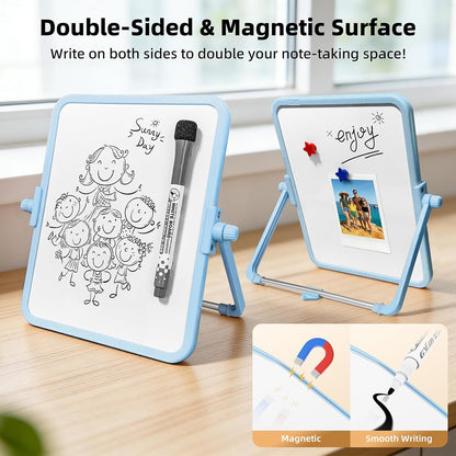 Colorful Dry Erase White Board 8.3x11in, Magnetic Desktop Board with Stand, 2 Markers (Eraser Head), 4 Magnets - Double-Sided Easel for Daily Planning, Memo, Office/Home/School (Blue)