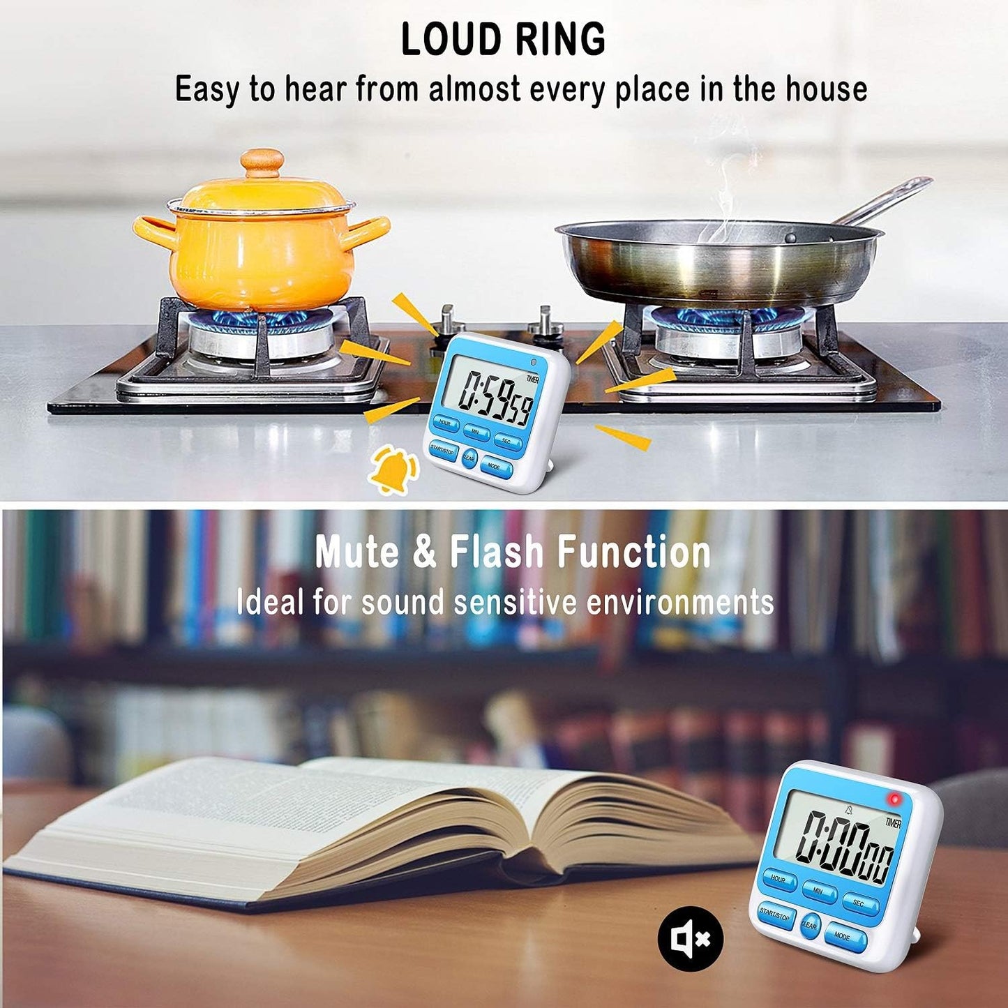 KTKUDY Digital Kitchen Timer with Mute/Loud Alarm Switch ON/Off Switch, 12-Hour Clock & Alarm, Memory Function Count Up & Count Down for Kids Teachers Cooking, Large LCD Display, Strong Magnet (Black)