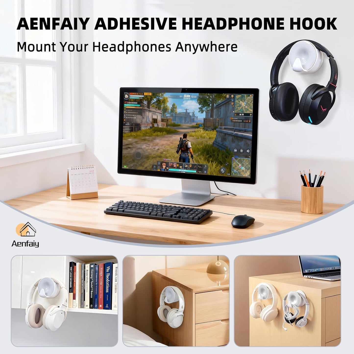 Headphone Holder Wall Mounted, Under Desk Adhesive Headphone Hook, White Gaming Headset Stand Hanger for Desk with Cable Hook, Fits Slim On-Ear & Over-Ear Headphones| Headband Width Up to 30mm