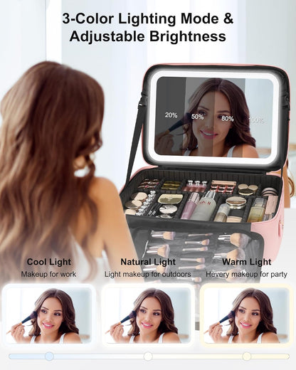 Relavel Travel Makeup Bag With LED Mirror, Cosmetic Train Case with Light up Mirror, Portable Makeup Artist Organizer Bag with Adjustable Dividers, Makeup Brush Holder Storage, Black