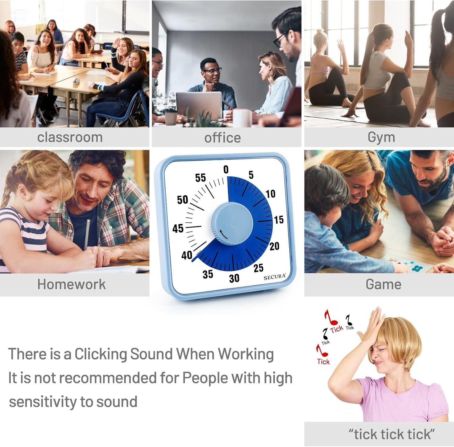 Secura 60-Minute Visual Countdown Timer, 7.5-Inch Oversize Classroom Visual Timer for Kids and Adults, Durable Mechanical Kitchen Timer Clock with Magnetic Backing (Blue)