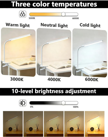 2 Pack Clip On LED Desk Lamp, 3 Lighting Modes 10 Brightness Levels, Flexible Goose Neck Swing Arm Task Lamp, Eye Caring USB Powered Clamp Light for Home Office Study Reading Bedside