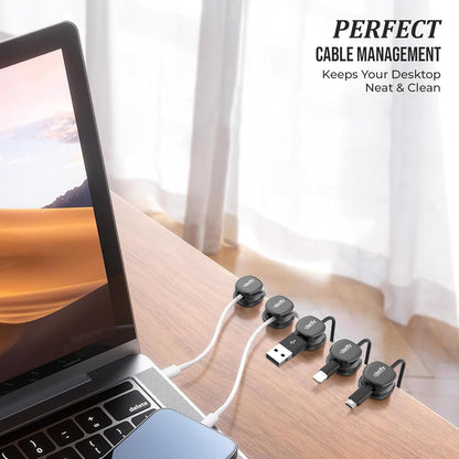 8 Pack Spring Cord Holder Clips [360° Rotatable, 1-Hand Use] — Adhesive Cable Clips for Nightstand, Desk, Wall & Kitchen | Phone Charger Cord Holder | No-Residue | Fits 2.5–8mm Cables