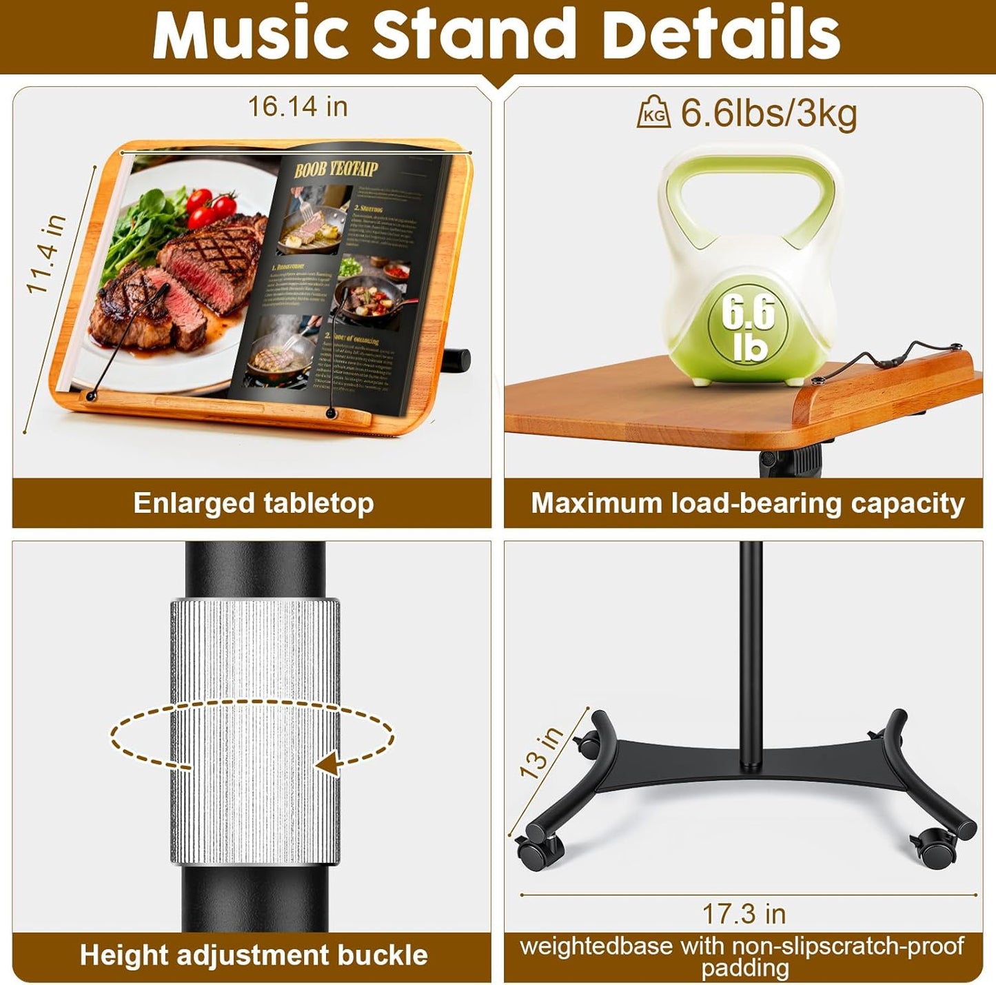 2 in 1 Dual-use Music Stand & Desktop Book Stand, Adjustable Height 16.5"-51", 100% Solid Wood Laptop Floor Stand Book Holder with Page Clips for Cookbooks, Sheet Music (Brown)