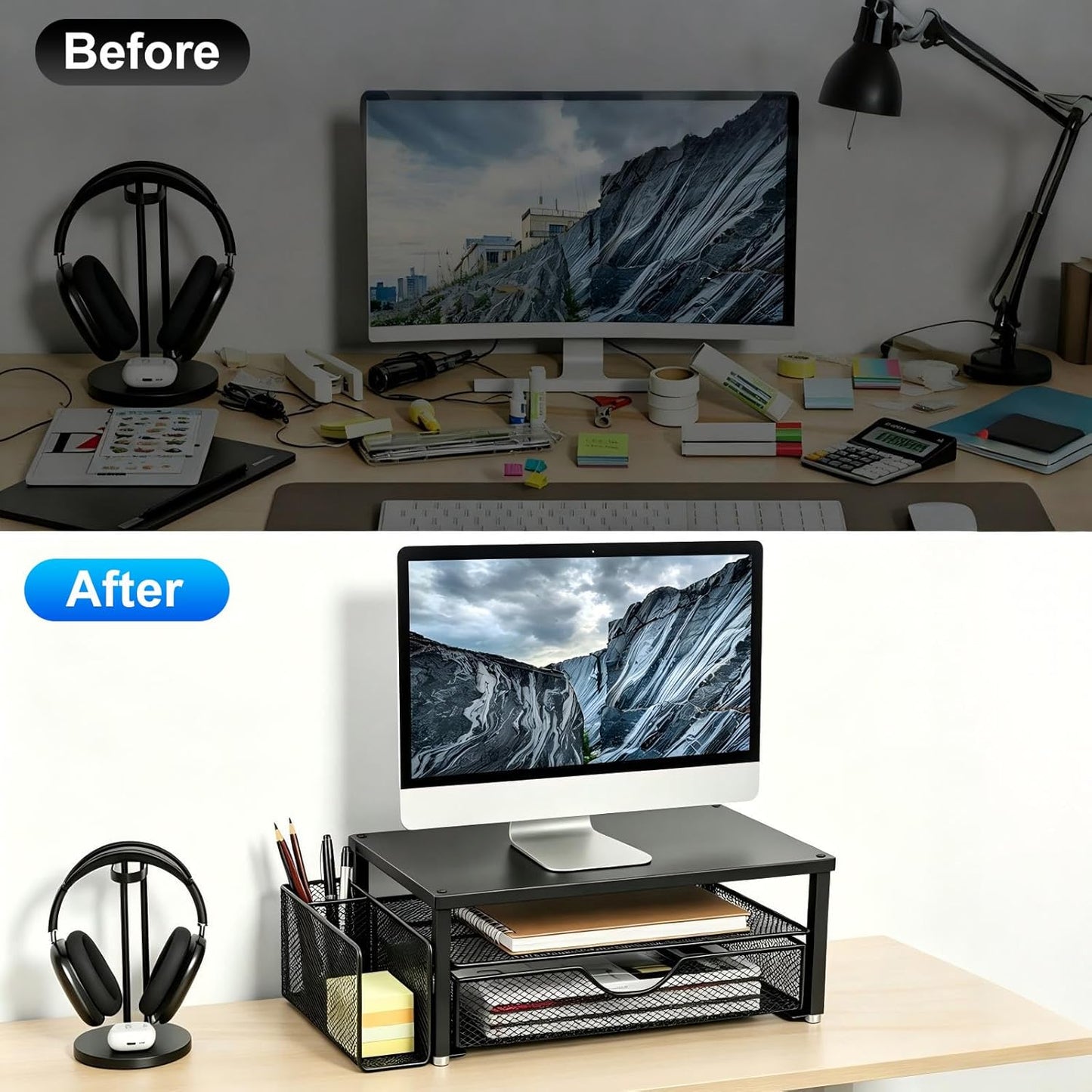 Spacrea Desk Organizer and Accessories, Computer Monitor Stand Riser with Drawer and 2 Pen Holders, Office Desk Accessories & Workspace Organizers for Office Supplies (Wood)