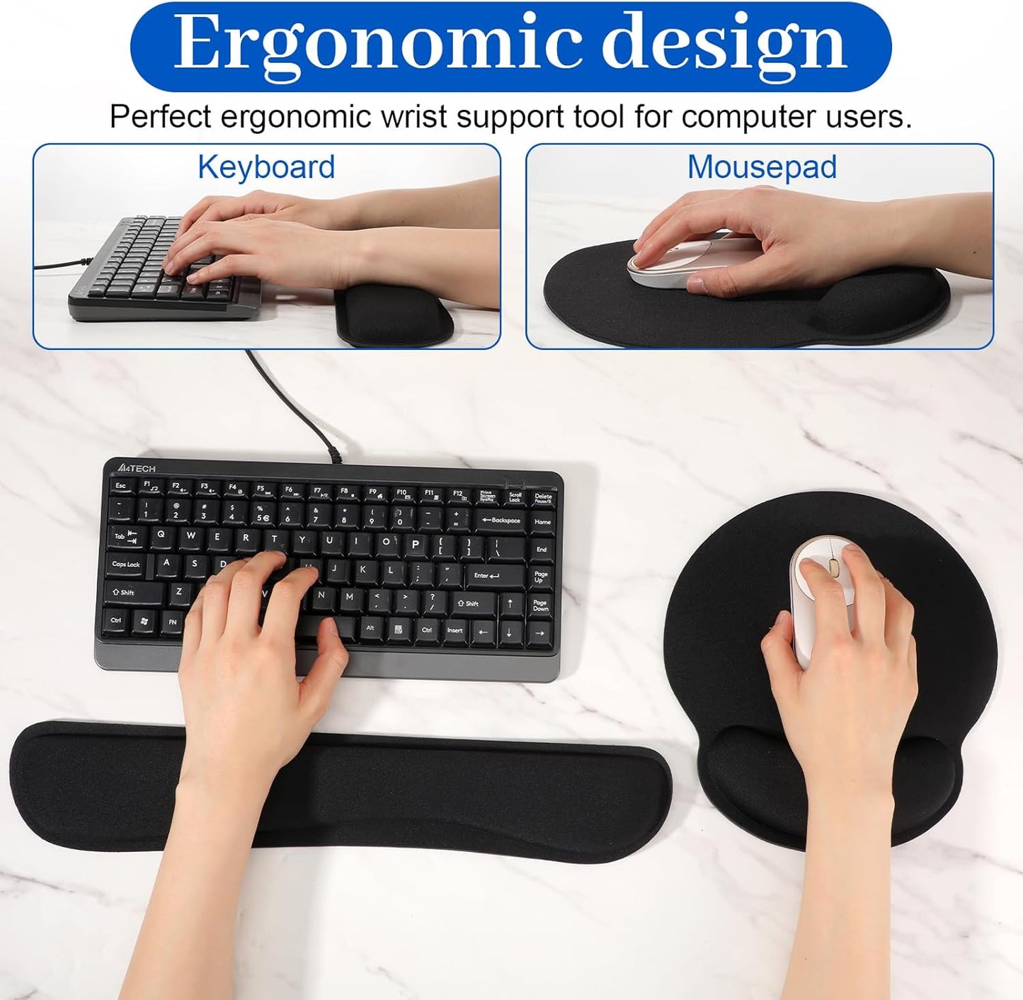 10 Pcs Ergonomic Keyboard Wrist Pad Set with Mouse Pad and Keyboard Wrist Rest, Memory Foam Comfort Support for Typing Gaming Office Laptop Computer (Black)