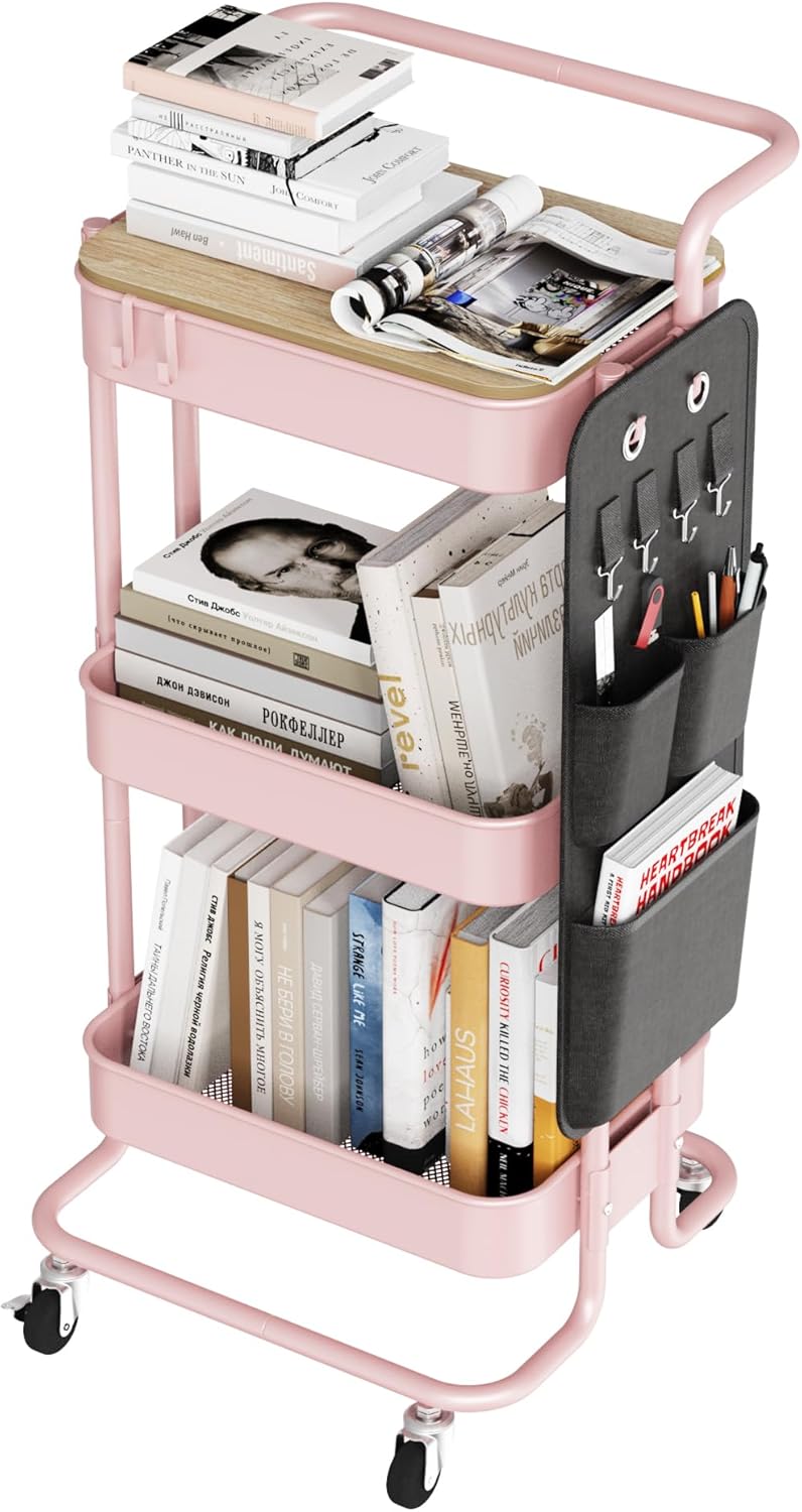 DTK 3 Tier Metal Utility Rolling Cart with Table Top and Side Bags, Tray Storage Organizer Wheels, Art Craft 4 Hooks for Kitchen Bathroom Office Living Room (Black)