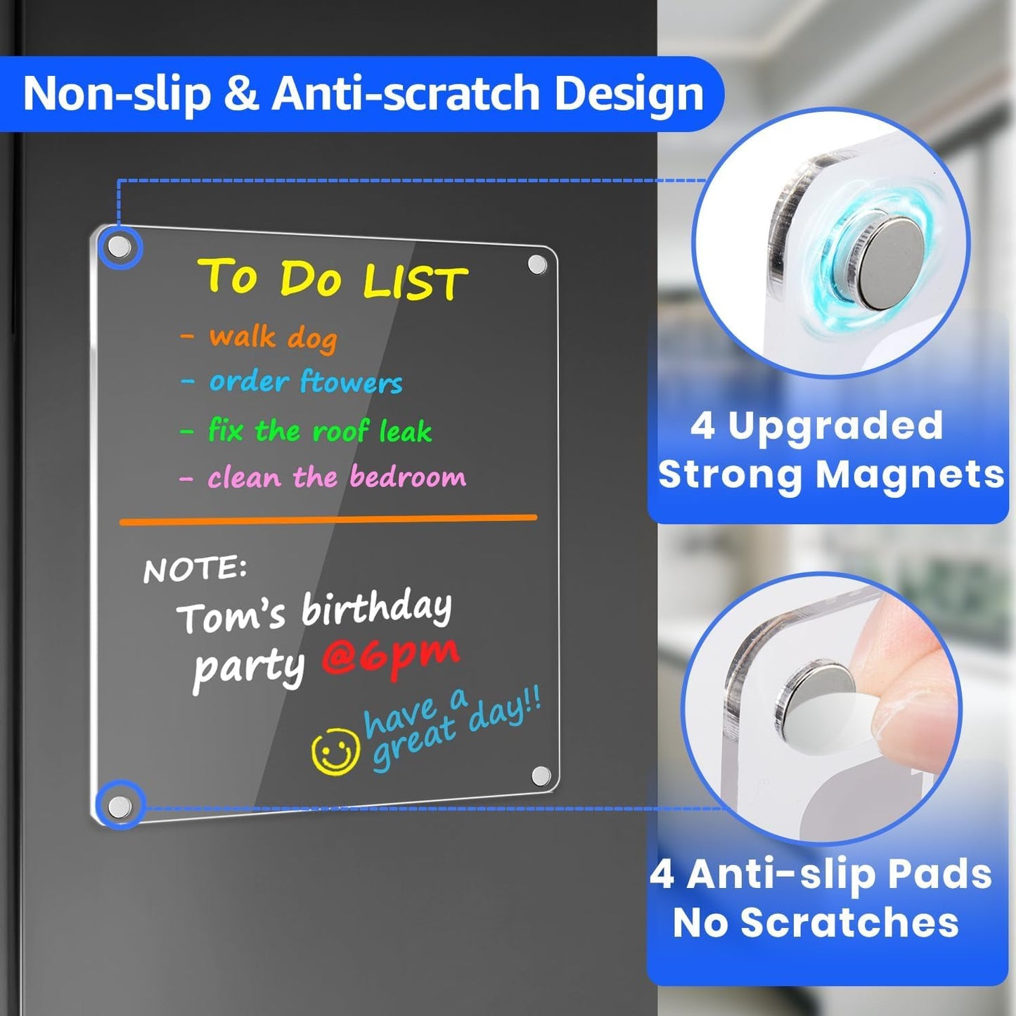 PigPotParty Acrylic Magnetic to Do List Whiteboard for Refrigerator, 12x9.5 Inch Clear Dry Erase Checklist Board, 3-Column Fridge List with Pre-Installed Embedded Magnet, 8 Markers and 1 Towel