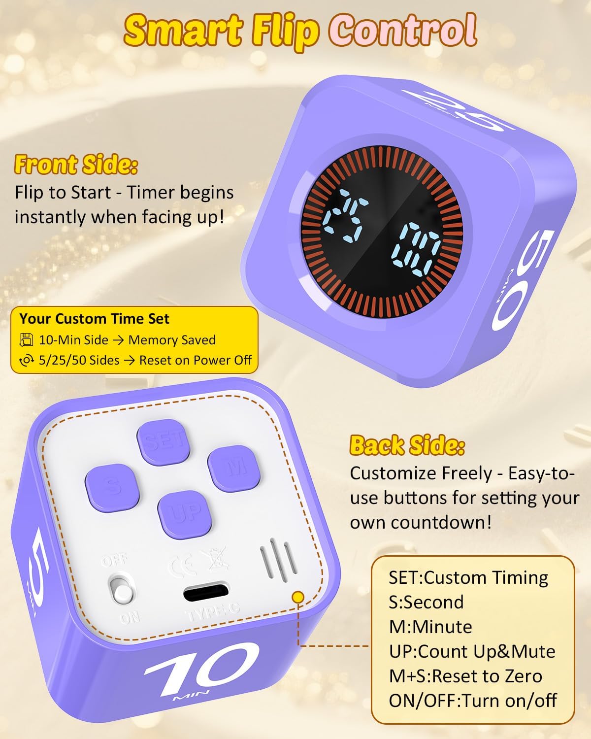 Digital Pomodoro Timer Cube 5/10/25/50min, Visual Productivity Flip Timer for Kids Classroom Desk, Custom Countdown, Silent and Sound Mode for ADHD Study Work Game Kitchen (Pink)