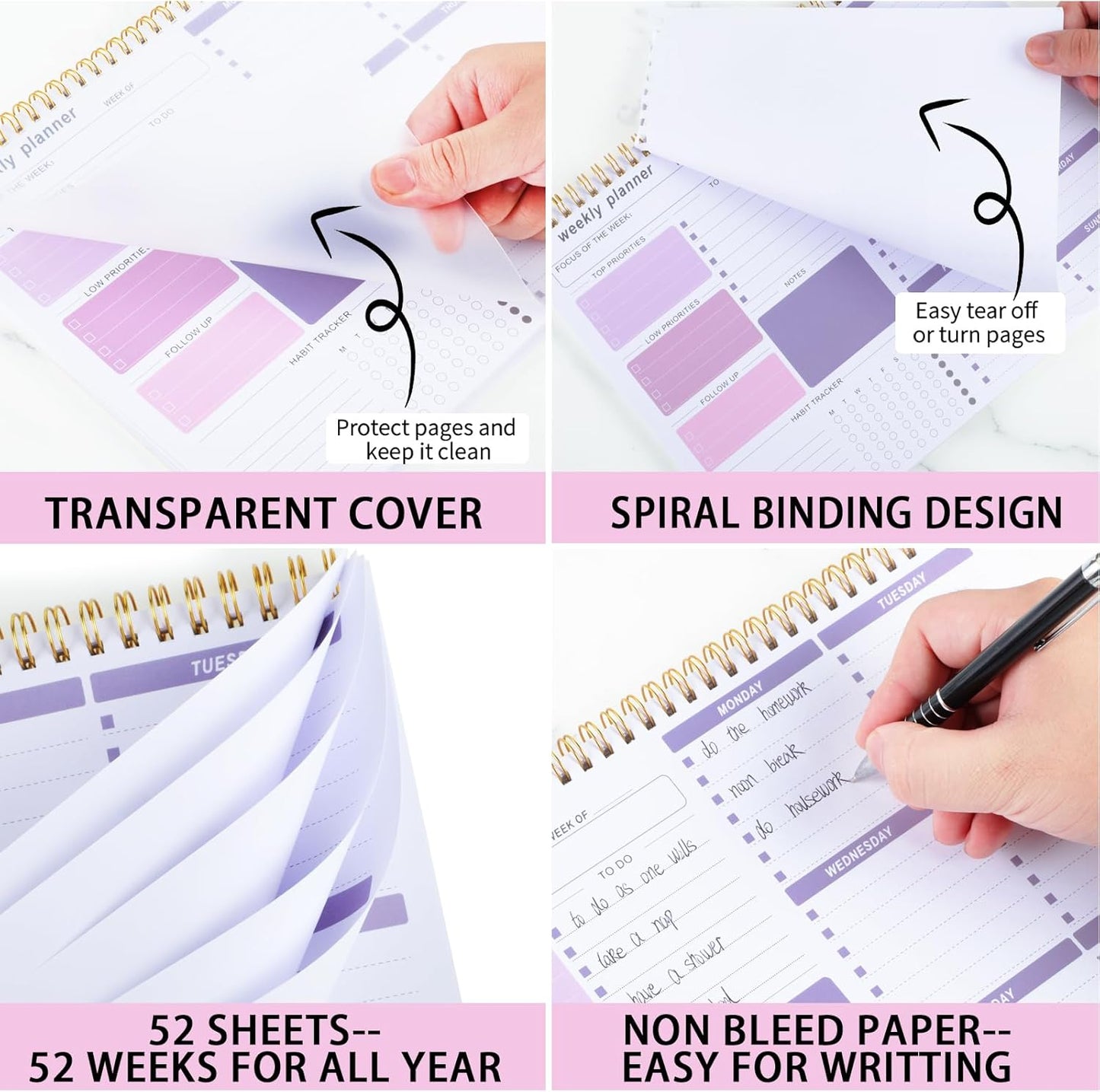 Weekly To Do List Notepad, 8.5''x11'' Weekly Desk Planner with 52 Tear Off Sheets Undated Weekly Planner Habit Tracker & Productivity Organizer for Home and Work, Pink