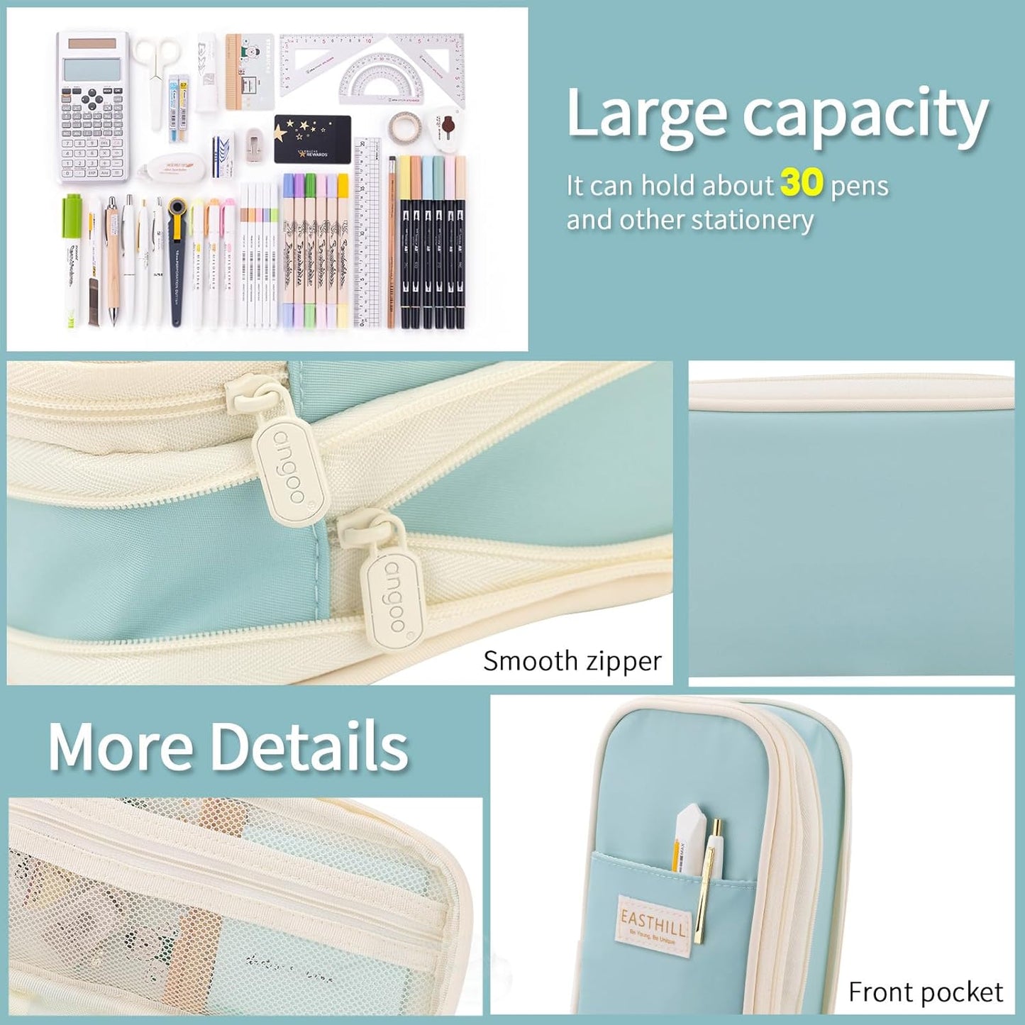 EASTHILL Big Capacity Pencil Case Large Pencil Pouch Stationery Pen Bag for Teen Girls-Green