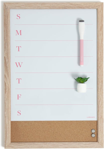 U Brands Framed Magnetic Weekly Dry Erase Calendar Combo Board, 16"x11", Wood Style Frame, Includes Magnetic Dry Erase Marker with Eraser Top, Succulent Magnet, and 2 Push Pins