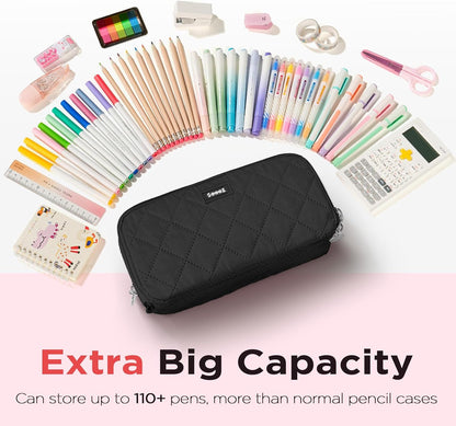Sooez Large Pencil Case Pouch, Extra Big Pencil Bag with 8 Compartments, Pen Bag Wide Opening, Soft Quilted Pencil Pouch Organizer with Zipper, Portable Pencil Case for Teen Girls, Pink