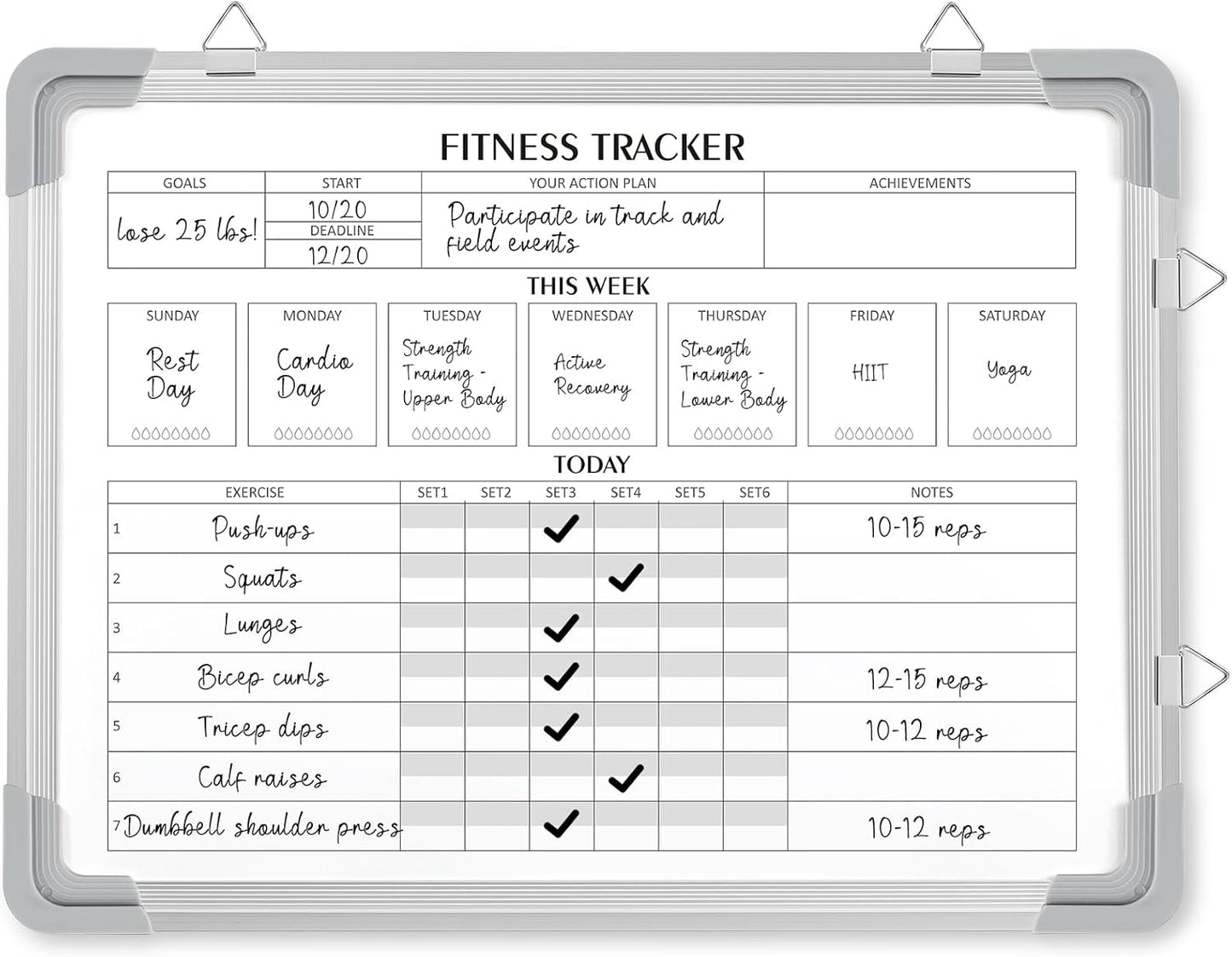 Lincia 16 x 12 Inch Fitness Tracker Whiteboard Workout Calendar for Home Gym Dry Erase Planner Hanging Removable to Do List for Wall Whiteboard with Aluminum Frame for Gym Program(Style A)