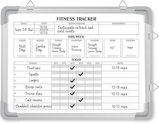Lincia 16 x 12 Inch Fitness Tracker Whiteboard Workout Calendar for Home Gym Dry Erase Planner Hanging Removable to Do List for Wall Whiteboard with Aluminum Frame for Gym Program(Style A)
