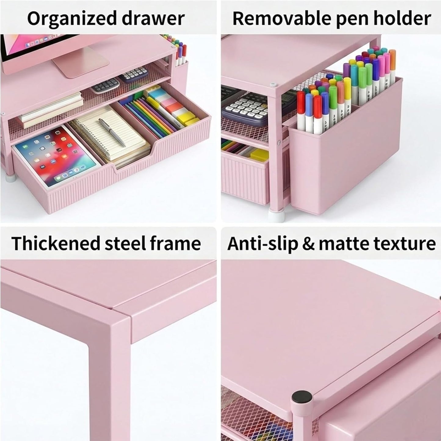 ECOLOVI Desk Organizer and Accessories, 2-Tier Computer Monitor Stand Rise with Storage Drawer & 2 Pen Holders, Laptop & Printer Stand for Desktop, Workspace Organizers for Office Supplies (Brown)