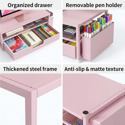 ECOLOVI Desk Organizer and Accessories, 2-Tier Computer Monitor Stand Rise with Storage Drawer & 2 Pen Holders, Laptop & Printer Stand for Desktop, Workspace Organizers for Office Supplies (Brown)