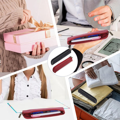 Psyqtsuary Leather Pencil Case, 2 Pcs Slim Small Pencil Pouch Portable Flat Pen Pouch with Zipper Simple Makeup Bag Lipstick Case for Women Men Home, Office, Travel Outdoor (Black, Claret)