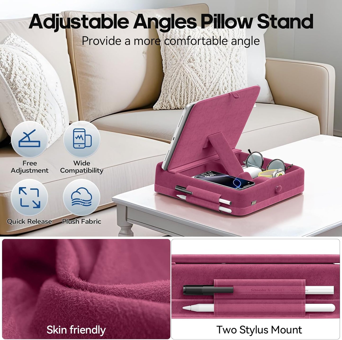 KDD Tablet Pillow Stand with Storage, Foldable iPad Holder for Bed, Lap and Desk, Angle Adjustable Soft Pad Dock with Stylus Mount Compatible with Ipad Pro 12.9, 10.5, 11, Air, Mini, Phones, Books