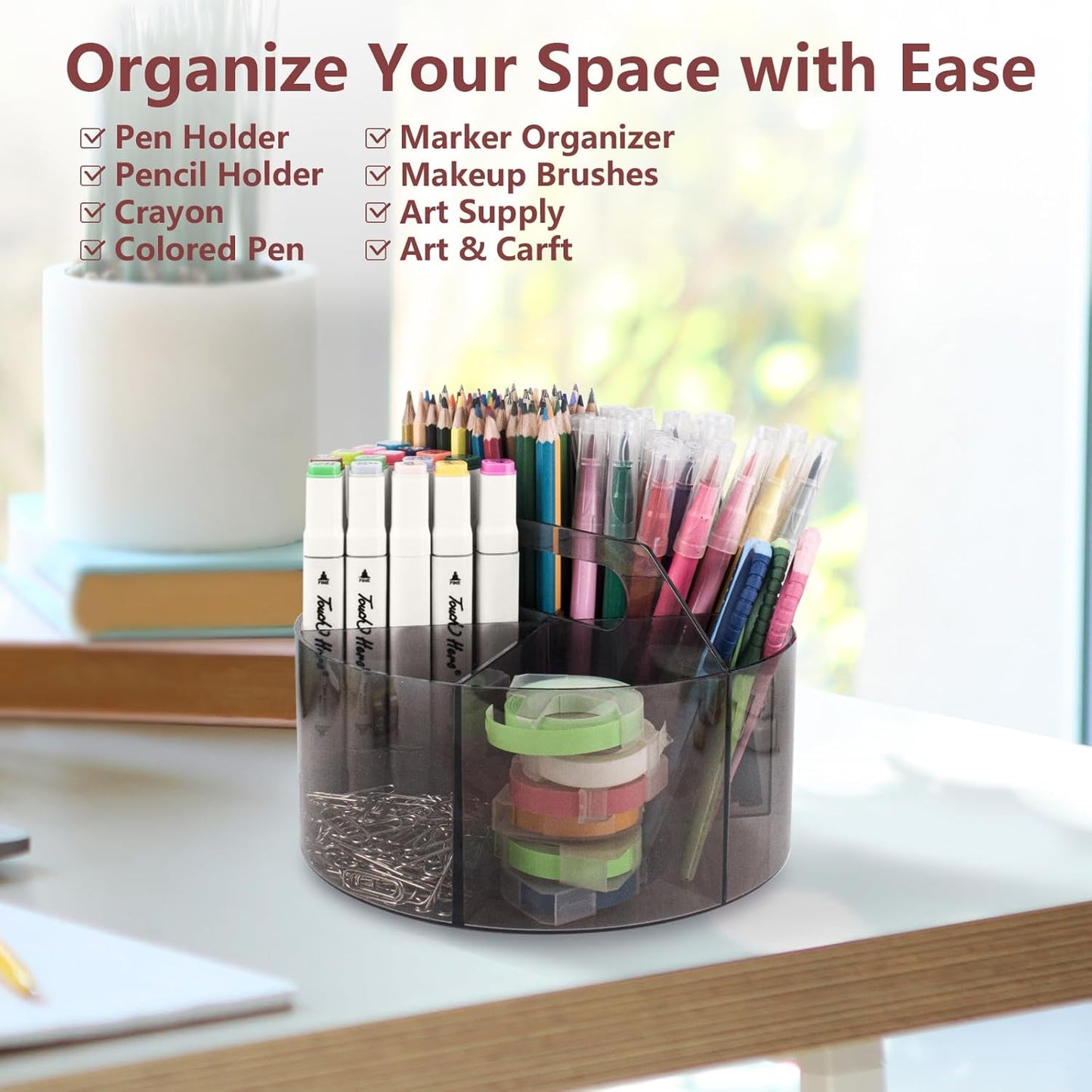 Absonic 250pcs Acrylic Pencil Holder Marker Organizer, 360-Degree Rotating Pen Holder, Crayon Organizers for Kids Pencil Organizer Caddy Art Supply Lazy Susan Organizer for Desk Home School Office