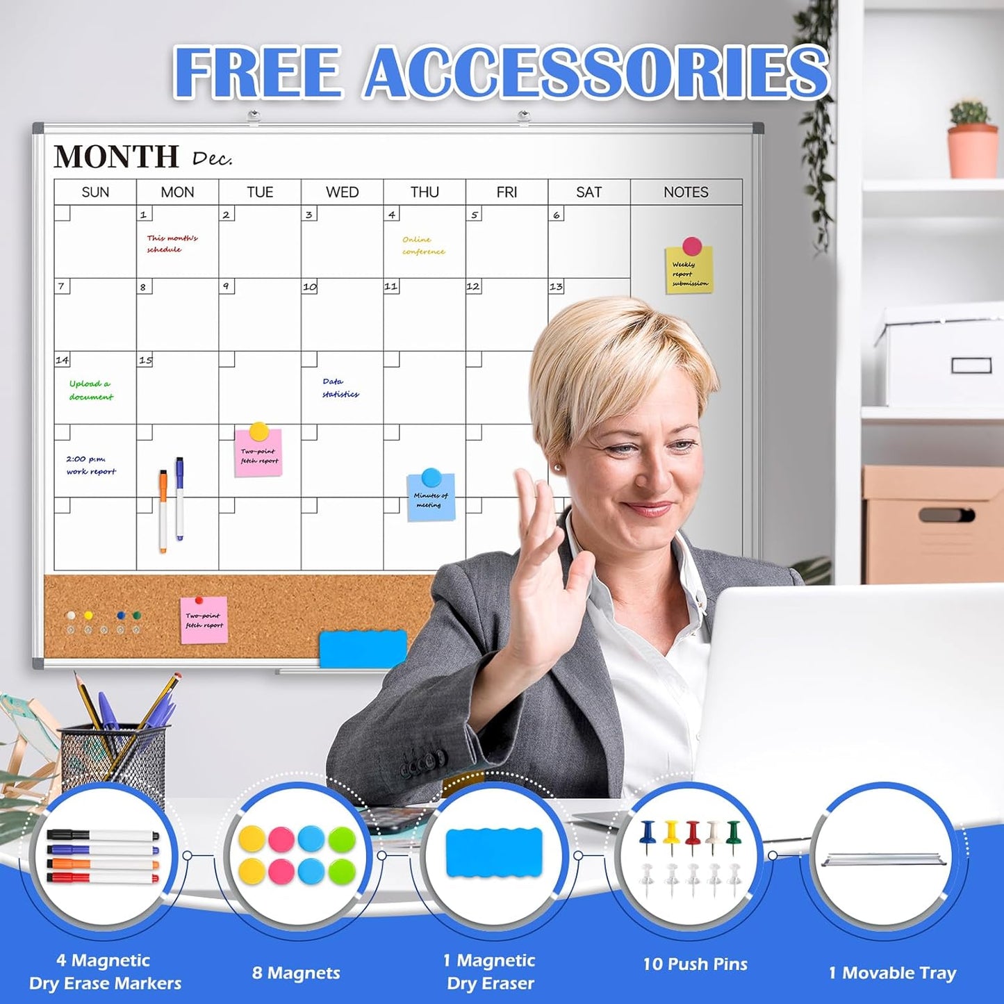 Weekly Dry Erase Calendar Whiteboard for Wall, 24" x 18" Double-Sided Weekly Planner White Board Cork Combo, Hanging & Wall Mount Week Bulletin Board with Notes for Home, Office, School, Kitchen