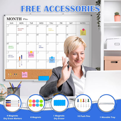 Weekly Dry Erase Calendar Whiteboard for Wall, 24" x 18" Double-Sided Weekly Planner White Board Cork Combo, Hanging & Wall Mount Week Bulletin Board with Notes for Home, Office, School, Kitchen