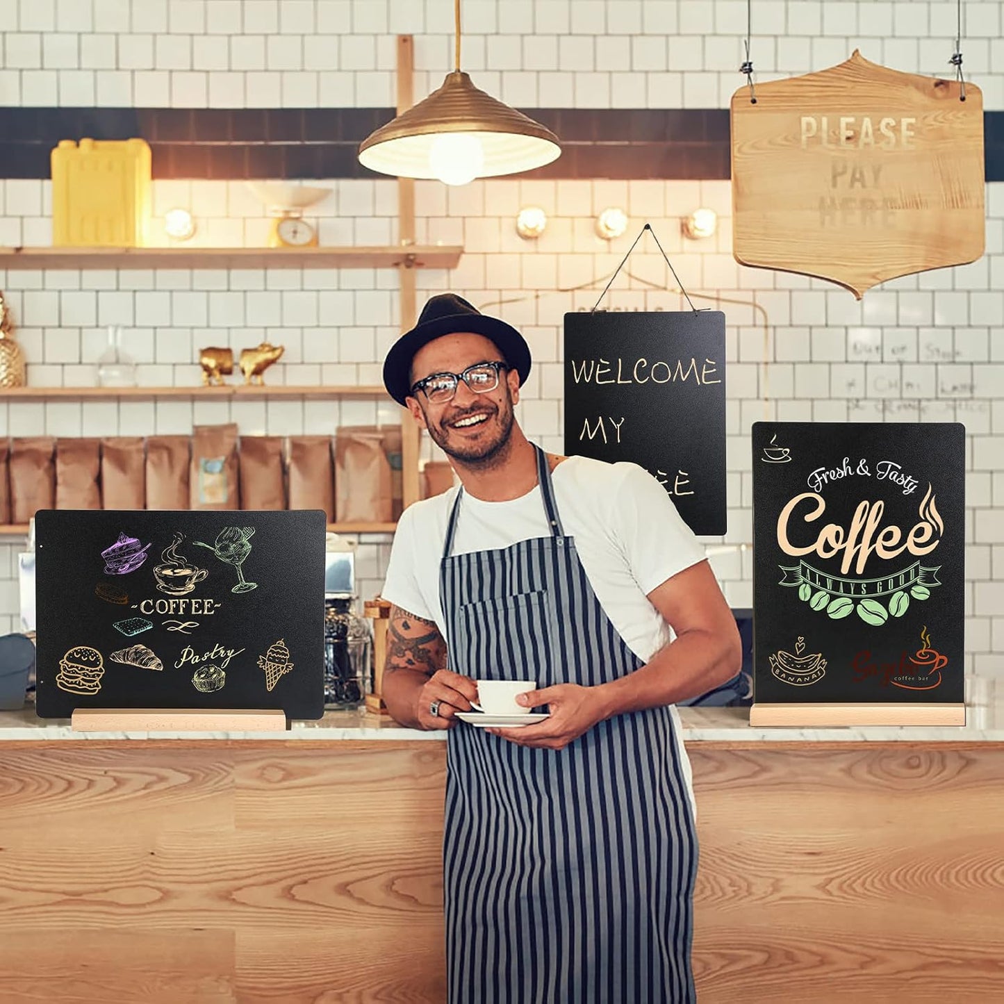 11.7x16.5 Inch Tabletop Chalkboard with Wood Base, Menu Chalkboard Stand, Message Board, Bar and Special Event Decorations, Hanging Double-Sided Chalkboards Sign for DIY Home Decoration-Walnut